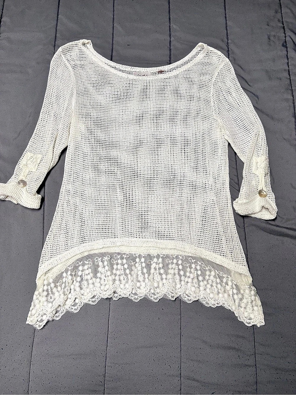 Le Mode Crochet Knit Lace Hem Tunic in White